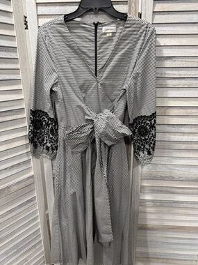 Calvin Klein Black & White Striped Wrap Dress with Lace Cuffs
